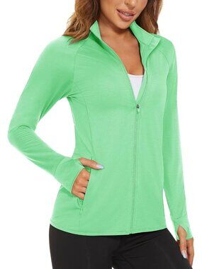 Women's  Mint Green Full-zip High Neck Side Pockets Long Sleeve Athletic Jacket